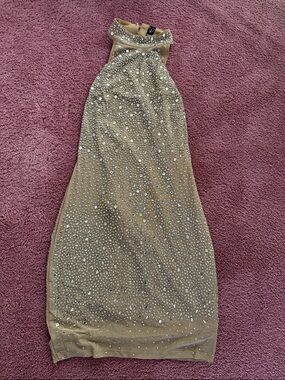 Windsor Gold Beaded Backless Halter Dress